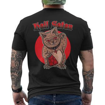 Death Metal Asian Lucky Cat Hail Satan Kitten Rock Music Men's T-shirt Back Print - Seseable