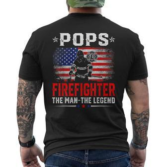 Distressed American Flag Pops Firefighter The Legend Retro Mens Back Print T-shirt - Seseable