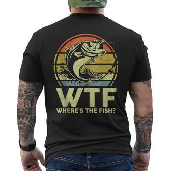 Mens Fishing Wtf Wheres The Fish Fisherman Bass Dad Men's Back Print T-shirt | Mazezy