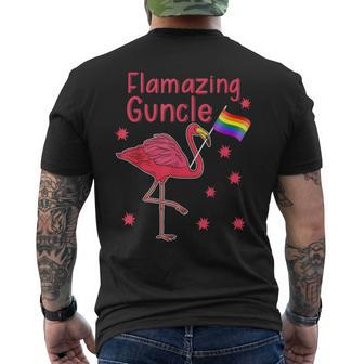 Gay Uncle Flamazing Guncle Flamingo Rainbow Pride Flag Men's Back Print T-shirt | Mazezy