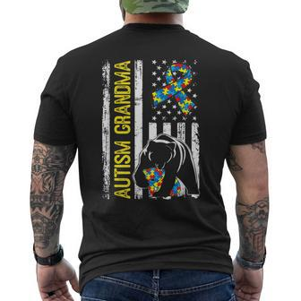 Grandma Bear Autism Awareness Distressed American Flag Men's Back Print T-shirt | Mazezy