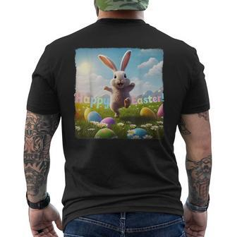Happy Easter Bunny Hopping Over Colored Eggs Men's Crewneck Short Sleeve Back Print T-shirt | Mazezy