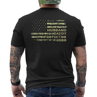 Husband Daddy Protector Hero Fathers Day Flag Dad Papa Gift For Mens Mens Back Print T-shirt | Mazezy
