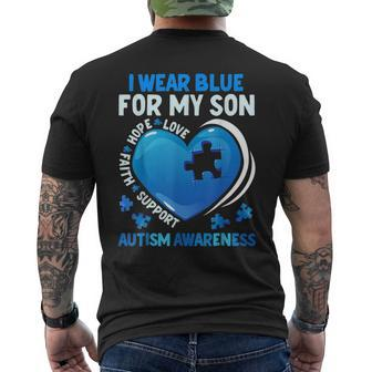 I Wear Blue For My Son Autism Awareness Day Autistic Mom Dad Mens Back Print T-shirt | Mazezy