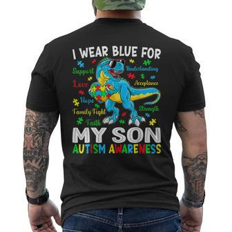 I Wear Blue For My Son Autism Awareness Dinosaur For Dad Mom Mens Back Print T-shirt | Mazezy