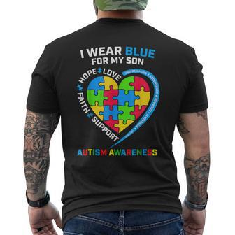 I Wear Blue For My Son Autism Awareness Mom Dad Heart Puzzle Mens Back Print T-shirt | Mazezy