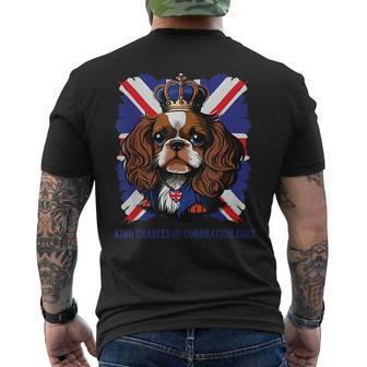 King Charles Coronation Spaniel Dog Wearing A Crown & Flag Mens Back Print T-shirt | Mazezy