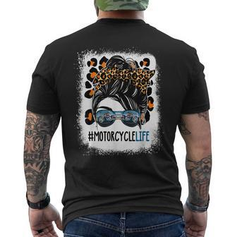 Leopard Messy Bun Hair Woman Motorcycle Life Biker Girl Men's Crewneck Short Sleeve Back Print T-shirt - Seseable