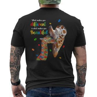 What Makes You Different Giraffe Mom Autism Child Awareness Men's Back Print T-shirt | Mazezy
