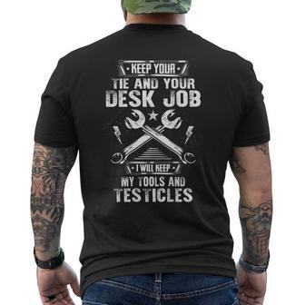 Mechanic Funny Desk Job Vs Tools Craftsmen Humor Mens Back Print T-shirt | Mazezy