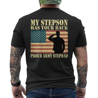 My Stepson Has Your Back Proud Army Stepdad Father Gifts Gift For Mens Mens Back Print T-shirt | Mazezy