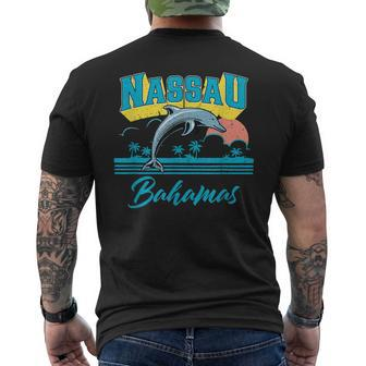 Nassau Bahamas Sunset Palm Tree Dolphin Retro Vacation Men's T-shirt Back Print - Seseable