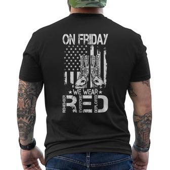 On Friday We Wear Red Remember Everyone Deployed Veteran Mens Back Print T-shirt | Mazezy