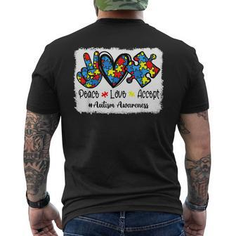Peace Love Accept Autism Puzzle Pieces Autism Mom Dad Kids Mens Back Print T-shirt | Mazezy DE