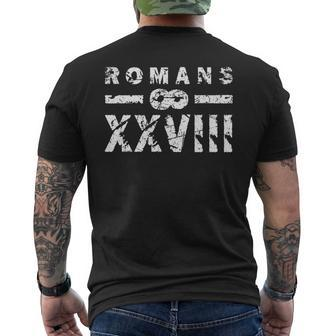 Romans 828 Religious Bible Verse Romans 828 Roman Numerals Men's T-shirt Back Print - Seseable