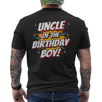 Superhero Party Comics Birthday Uncle Of Birthday Boy Mens Back Print T-shirt | Mazezy UK