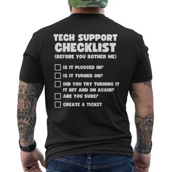 Tech Support Checklist Funny Tech Support Gift Mens Back Print T-shirt - Thegiftio UK