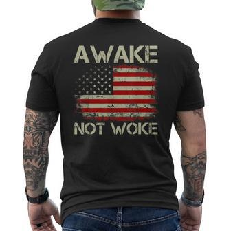 Mens Vintage Old American Flag Awake Not Woke Men's T-shirt Back Print - Seseable