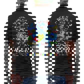 I Wear Blue For My Cousin Autism Awareness Dinosaur Men's Back Print T-shirt | Mazezy