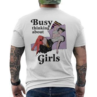 Busy Thinking About Girls Retro Vinatge Lesbian Pride Femme Mens Back Print T-shirt | Mazezy