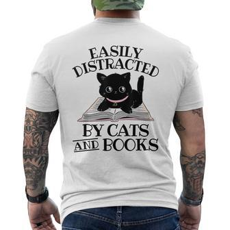 Easily Distracted By Cats And Books Black Cat Book Lover Men's Back Print T-shirt | Mazezy