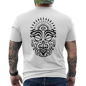 Maori Polynesian Tattoo Haka Dance Face Mask Head Men's Back Print T-shirt | Mazezy