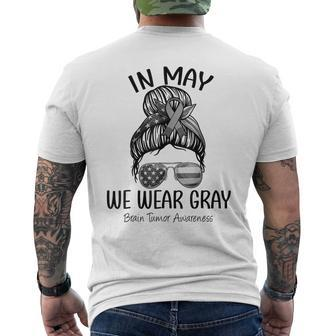 In May We Wear Gray Brain Cancer Awareness Month Messy Bun Men's T-shirt Back Print - Thegiftio UK