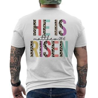 He Is Risen Bible Verse Matthew 286 Leopard Christian Men's Back Print T-shirt | Mazezy