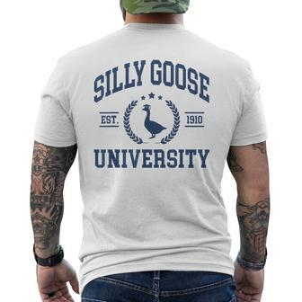 Silly Goose University Goose On The Loose Saying Men's Back Print T-shirt | Mazezy