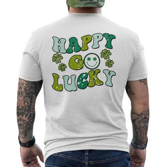 St Patricks Day Happy Go Lucky Shamrock Irish Retro Groovy Men's Back Print T-shirt | Mazezy