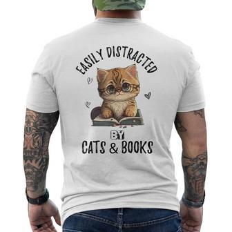 Vintage Easily Distracted By Cats And Books Kitties Lover Men's T-shirt Back Print - Seseable