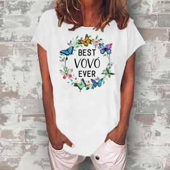 Best Vovo Ever Butterfly Floral Personalized Name Women's Loosen T-shirt - Seseable