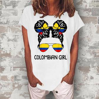 Colombian Girl Messy Hair Patriotic Colombia Pride Womens Women's Loosen T-Shirt | Mazezy
