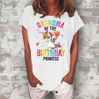 Grandma Of The Birthday Princess Dabbing Unicorn Girl Women's Loosen T-Shirt | Mazezy