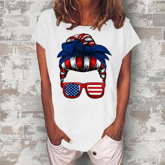Messy Bun American Flag 4Th Of July Patriotic Mom Women's Loosen T-Shirt | Mazezy