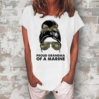 Proud Grandma Of A Marine Messy Bun Camouflage Military Cute Women's Loosen T-Shirt | Mazezy