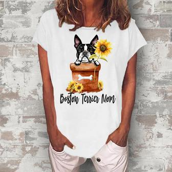 Sunflower Boston Terrier Mom Dog Lover Women's Loosen T-Shirt | Mazezy