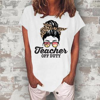 Teacher Off Duty Leopard Messy Bun Glasses Women's Loosen T-Shirt | Mazezy UK
