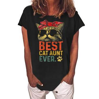 Best Cat Aunt Ever Vintage Cat Lover Cool Sunglasses Funny Gift For Womens Women's Loosen Crew Neck Short Sleeve T-Shirt - Seseable