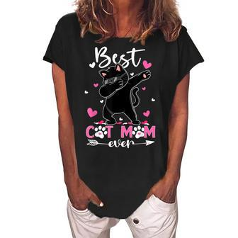 Best Cat Mom Ever Funny Dabbing Black Kitten Mothers Day Women's Loosen Crew Neck Short Sleeve T-Shirt - Seseable