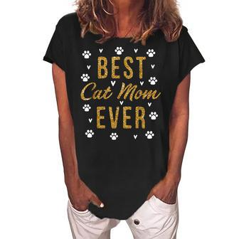 Best Cat Mom Ever Gifts Cute Love Heart Print Cat Mama Women's Loosen Crew Neck Short Sleeve T-Shirt - Seseable