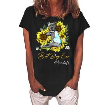 Best Dog Ever Pitbull Sunflower Mom Life Women's Loosen Crew Neck Short Sleeve T-Shirt - Seseable