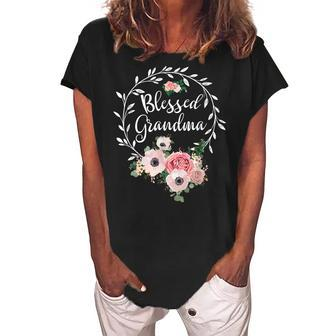 Blessed Grandma With Floral Heart Mothers Day Gift Women's Loosen Crew Neck Short Sleeve T-Shirt | Mazezy