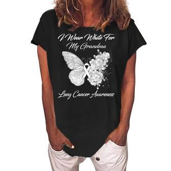 Butterfly I Wear White For My Grandma Lung Cancer Awareness Women's Loosen Crew Neck Short Sleeve T-Shirt | Mazezy