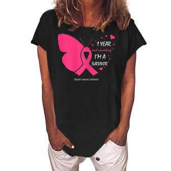 Cute 1 Year Breast Cancer Free Pink Survivor Gifts Butterfly Gift For Womens Women's Loosen Crew Neck Short Sleeve T-Shirt | Mazezy