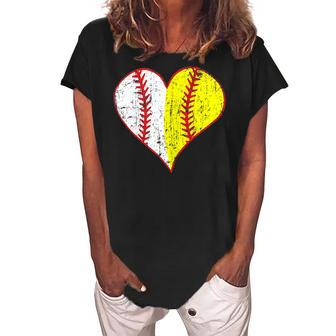 Cute Love Baseball Fast Pitch Softball Heart Baseball Mom Gift For Womens Women's Loosen Crew Neck Short Sleeve T-Shirt | Mazezy