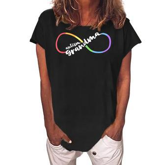 Family Autism Awareness Grandma Rainbow Infinity Symbol Women's Loosen Crew Neck Short Sleeve T-Shirt | Mazezy