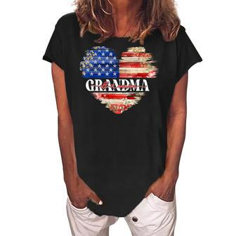 Flower Heart American Grandma Life 4Th Of July Patriotic Women's Loosen Crew Neck Short Sleeve T-Shirt | Mazezy