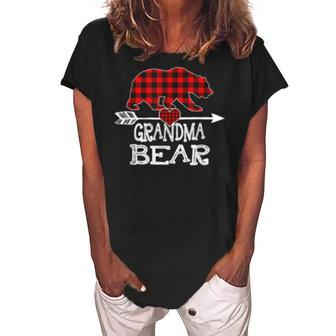 Funny Red Plaid Grandma Bear Buffalo Matching Family Pajama Women's Loosen Crew Neck Short Sleeve T-Shirt | Mazezy