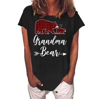Grandma Bear Christmas Pajama Red Plaid Matching Family Women's Loosen Crew Neck Short Sleeve T-Shirt | Mazezy